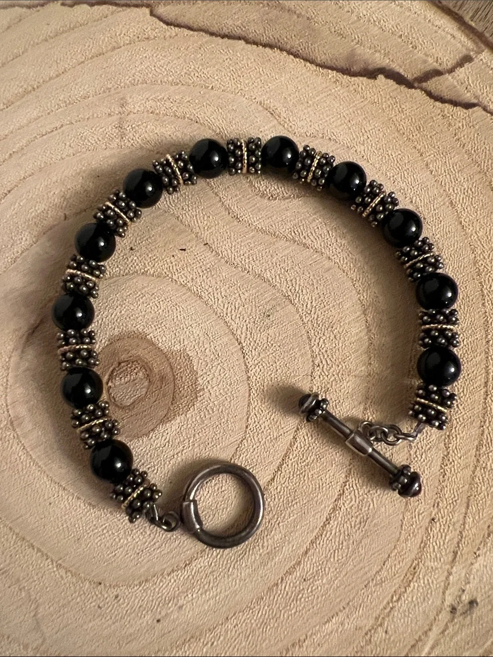 Elegant Black Beaded Bracelet with Antiqued sterling Silver Accents